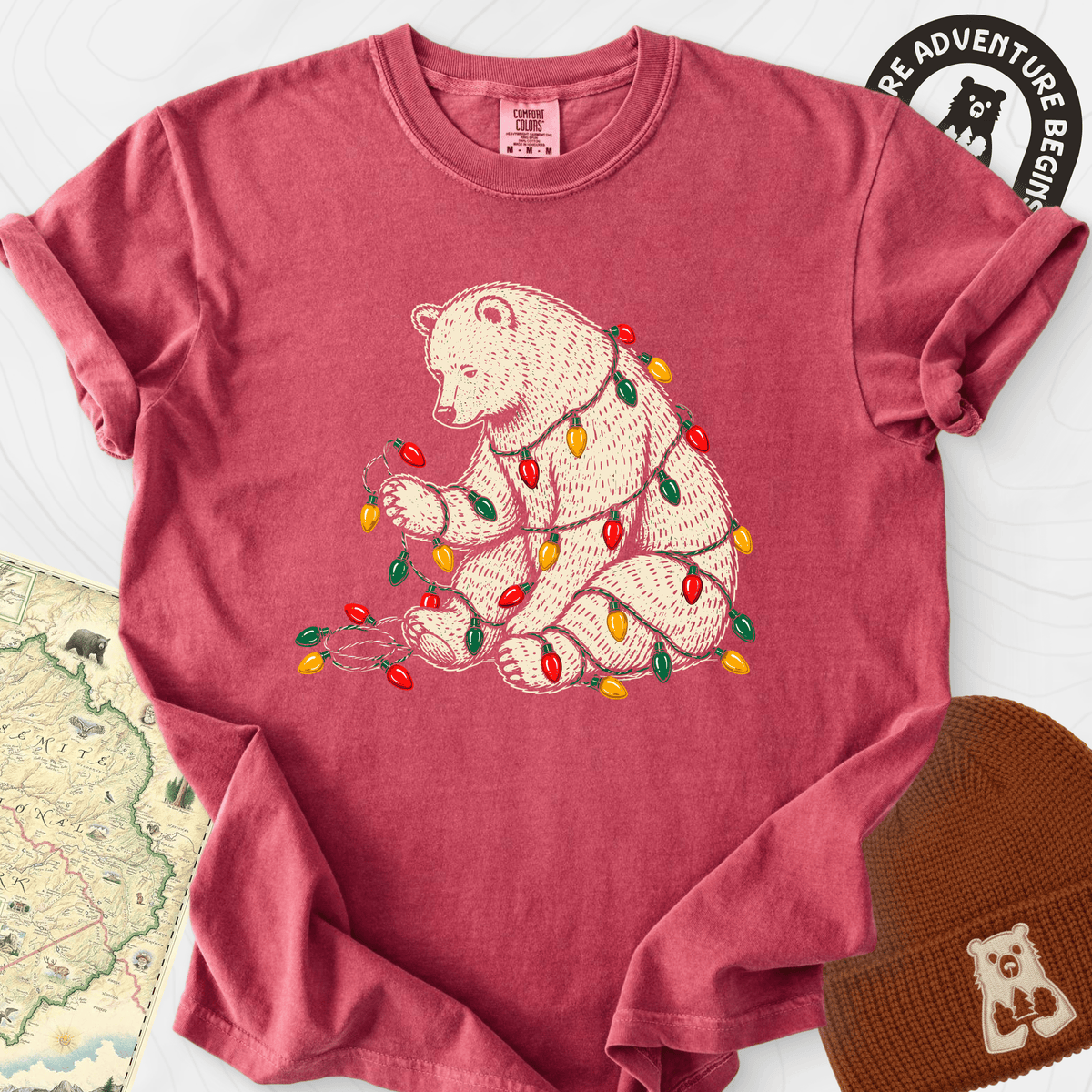 Tangled Christmas Bear Crimson front print heavyweight T-shirt