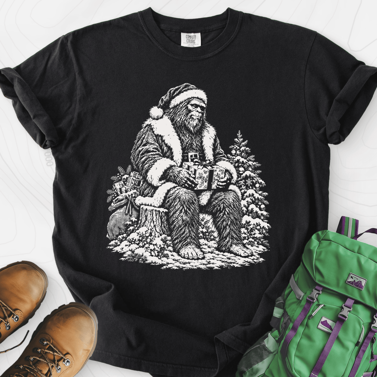 Bigfoot Santa Black front print heavyweight T-shirt