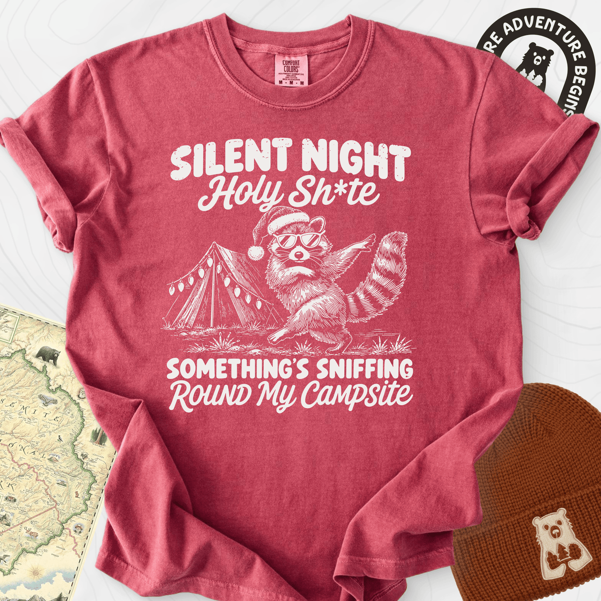 Silent Night Raccoon Crimson front print heavyweight T-shirt