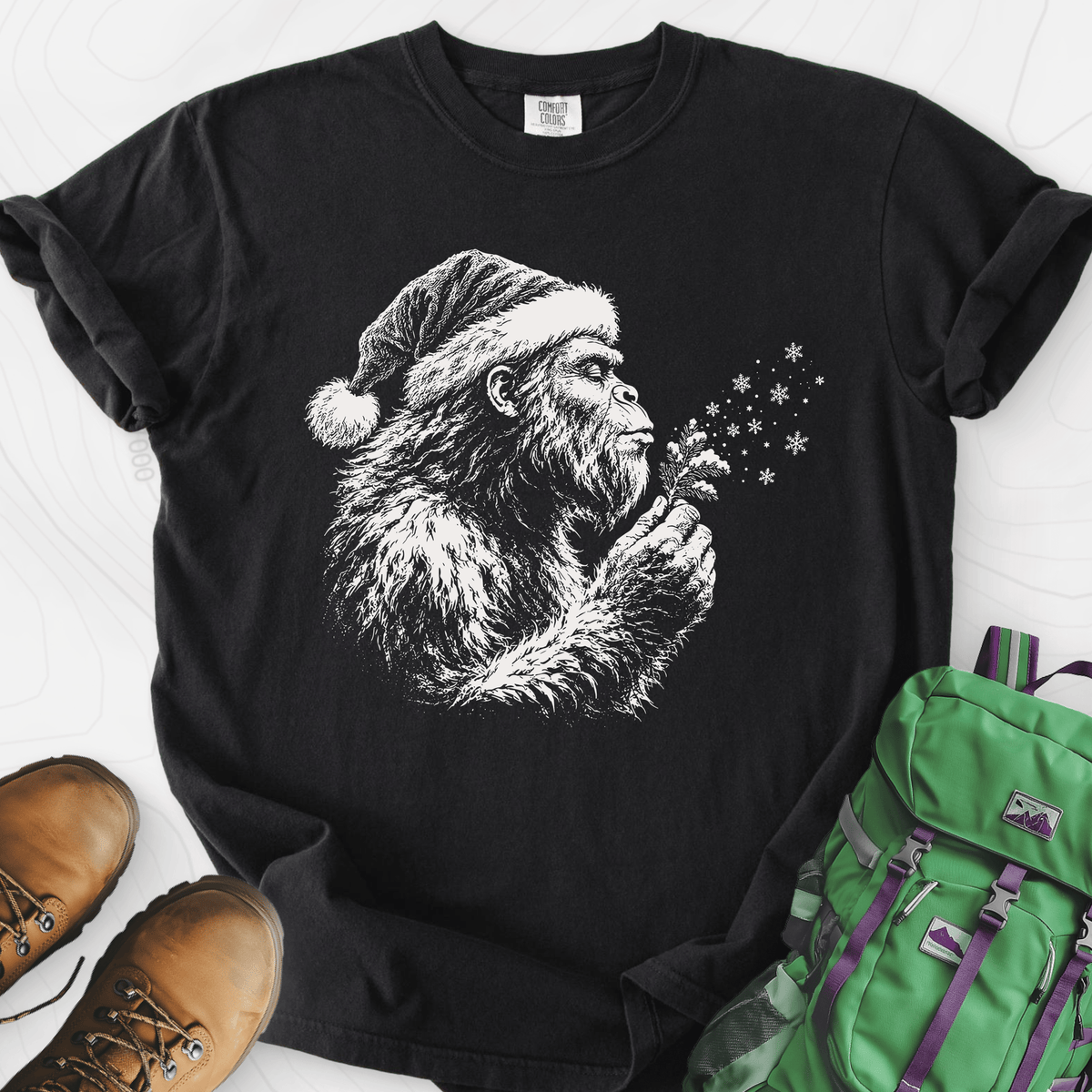 Bigfoot Snow Wishes Black front print heavyweight T-shirt