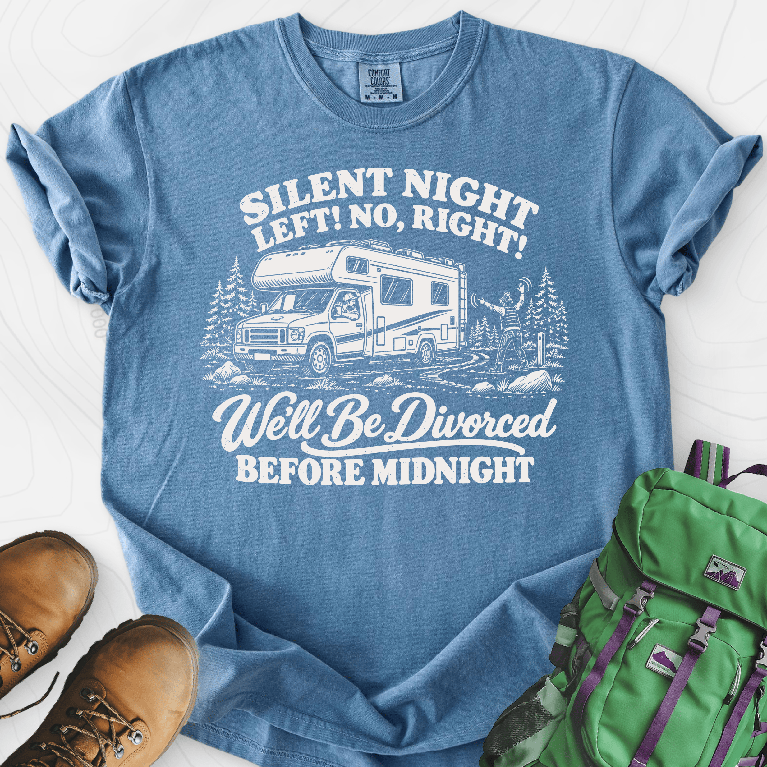 Silent Night RV Divorce Blue Jean front print heavyweight T-shirt