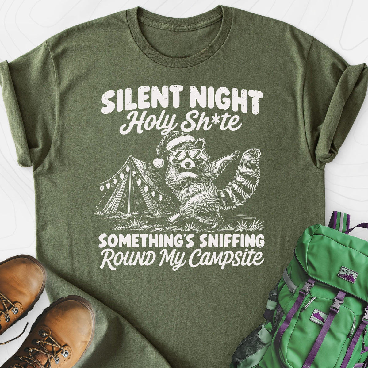 Silent Night Raccoon Military Green front print lightweight T-shirt