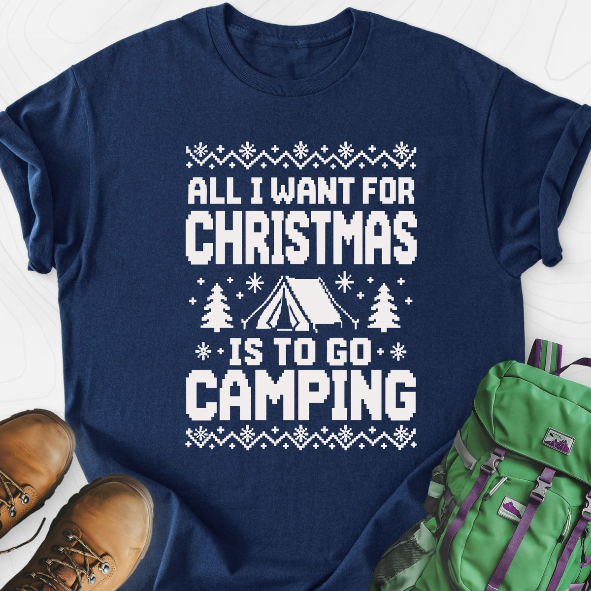 Christmas Camping Wish Navy front print lightweight T-shirt