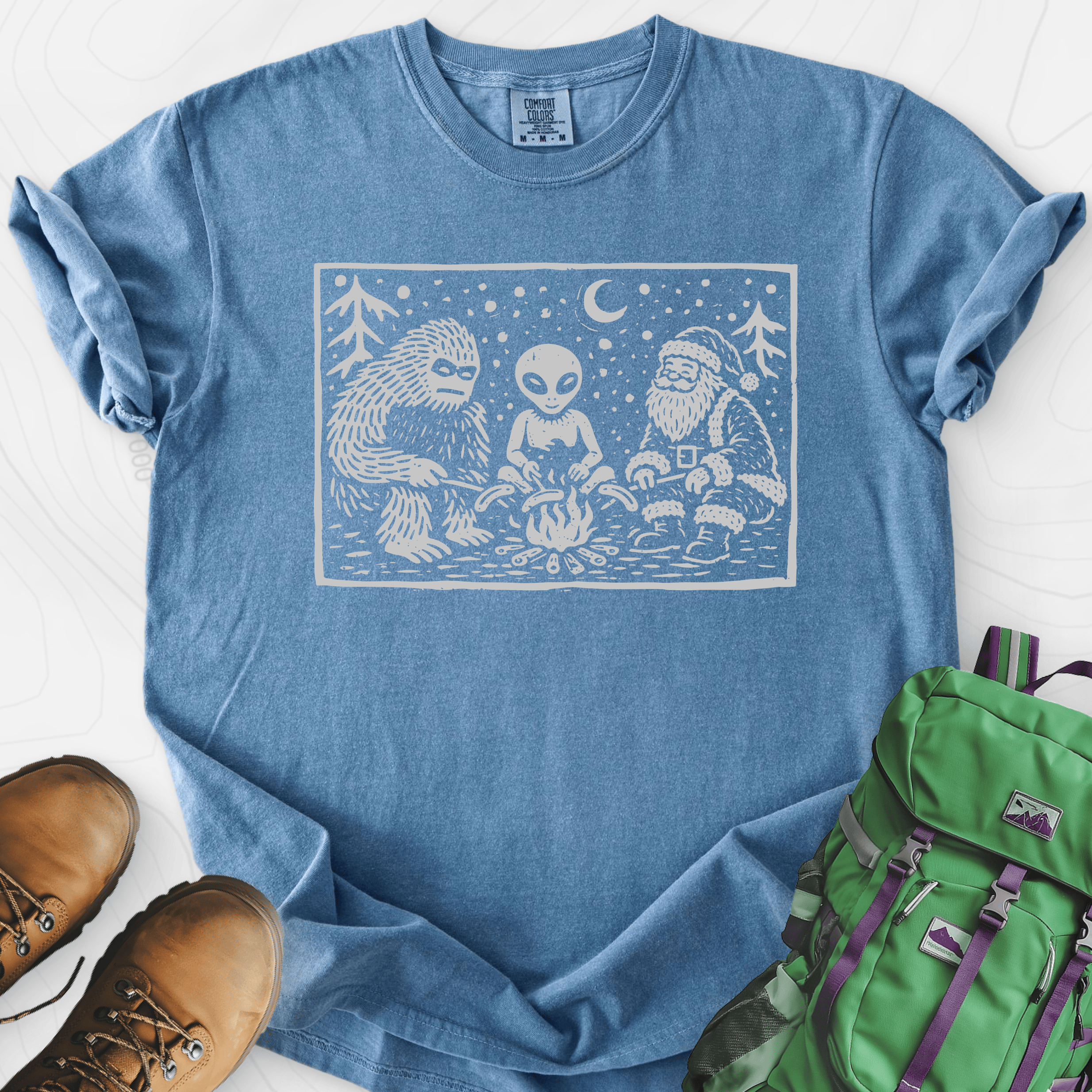Cryptid Christmas Campfire Blue Jean front print heavyweight T-shirt