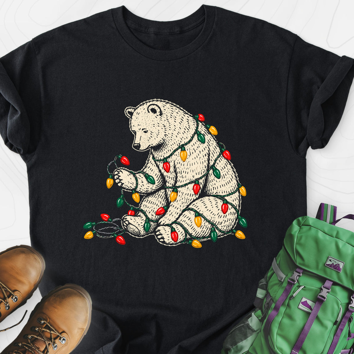 Tangled Christmas Bear Black front print lightweight T-shirt