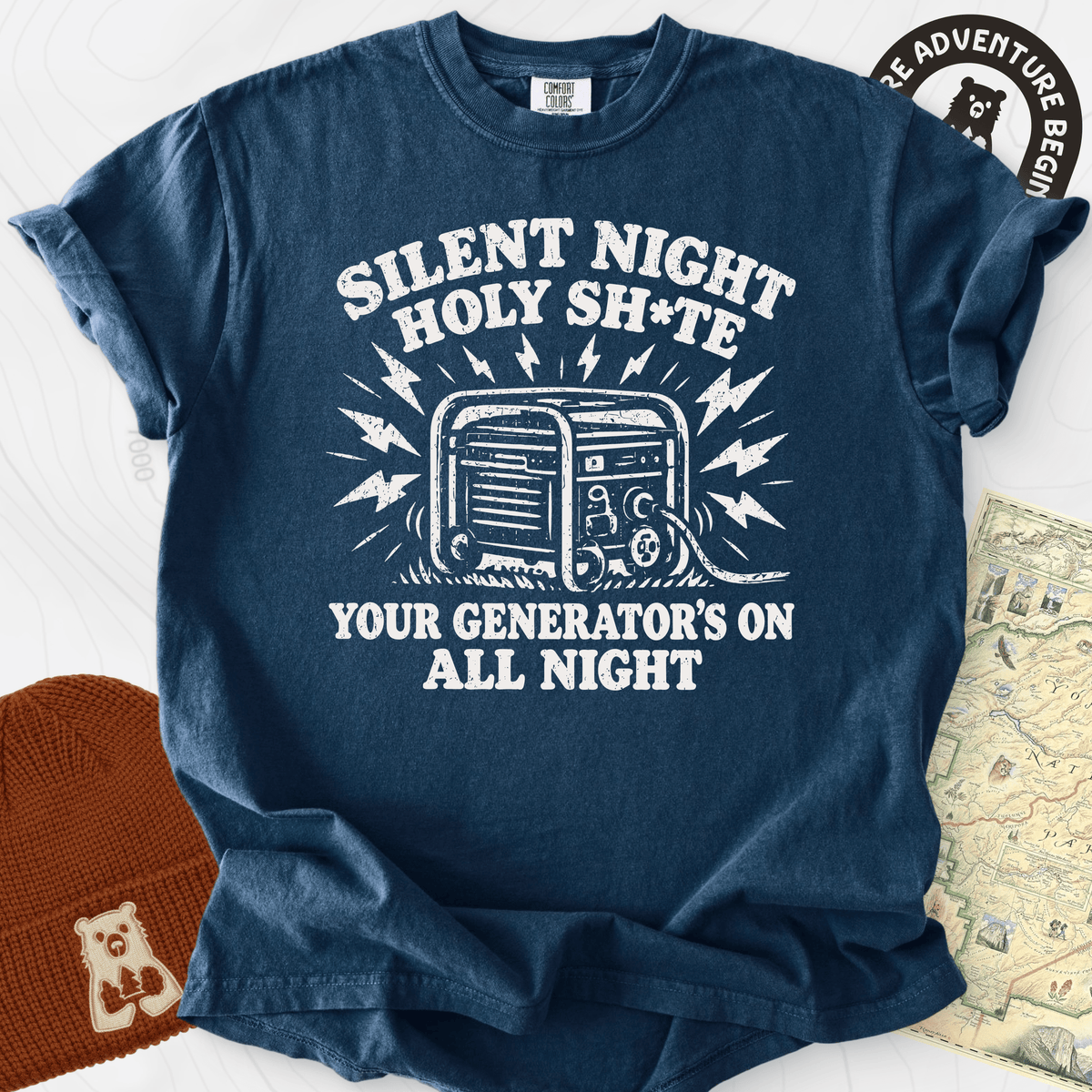 Silent Night Generator Navy front print heavyweight T-shirt