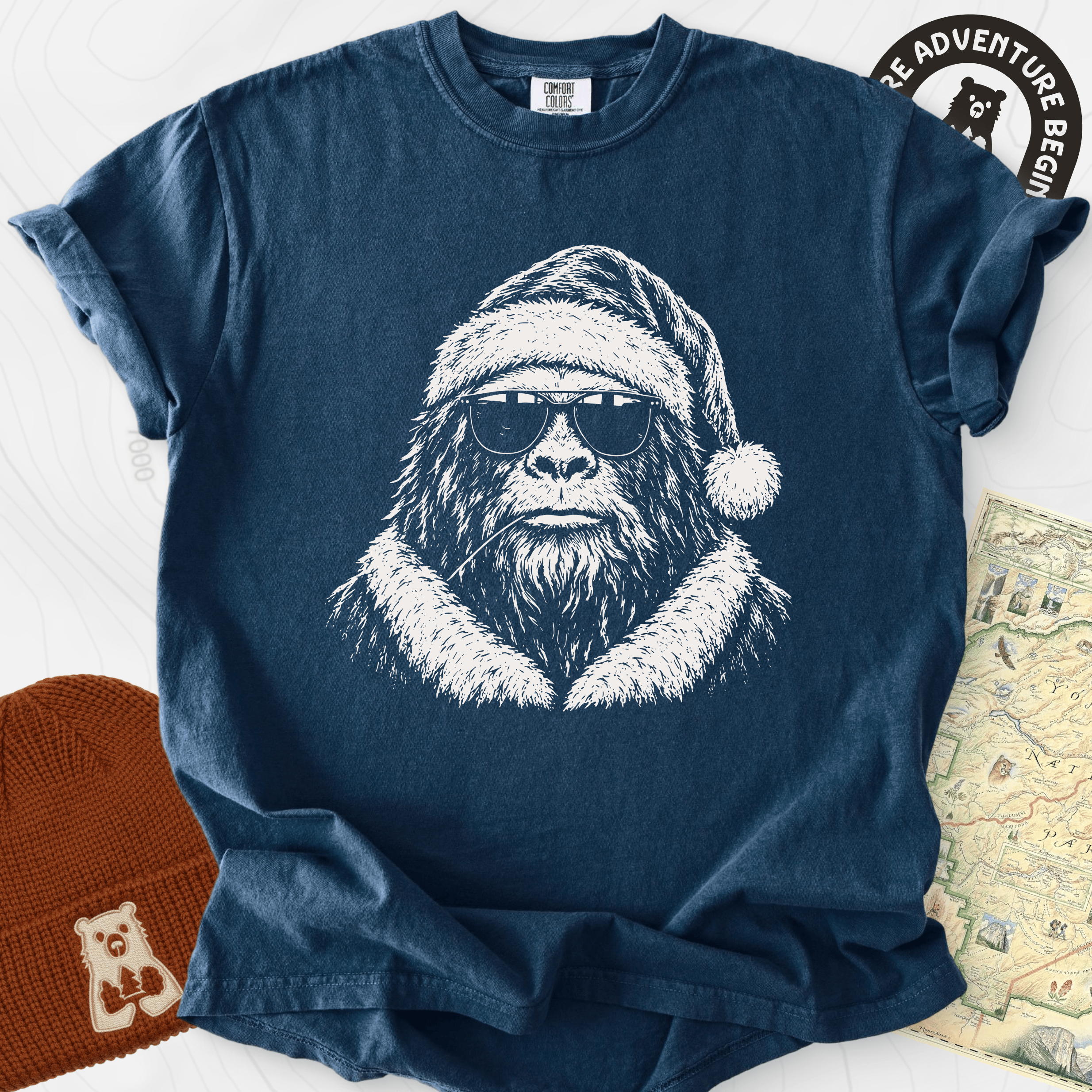 Cool Santa Squatch Navy front print heavyweight T-shirt