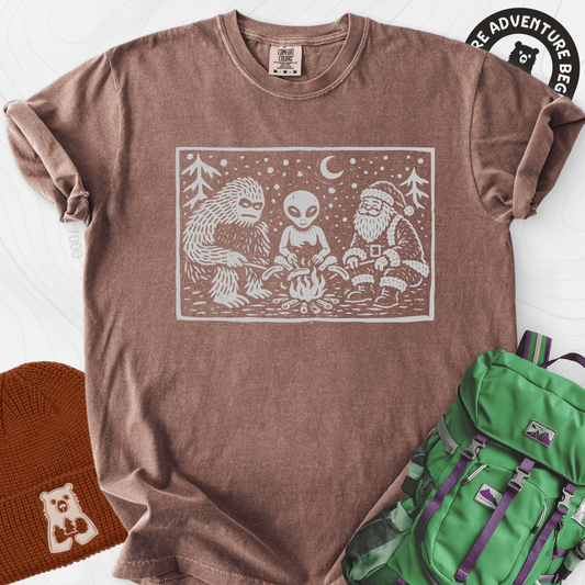 Cryptid Christmas Campfire Espresso front print heavyweight T-shirt