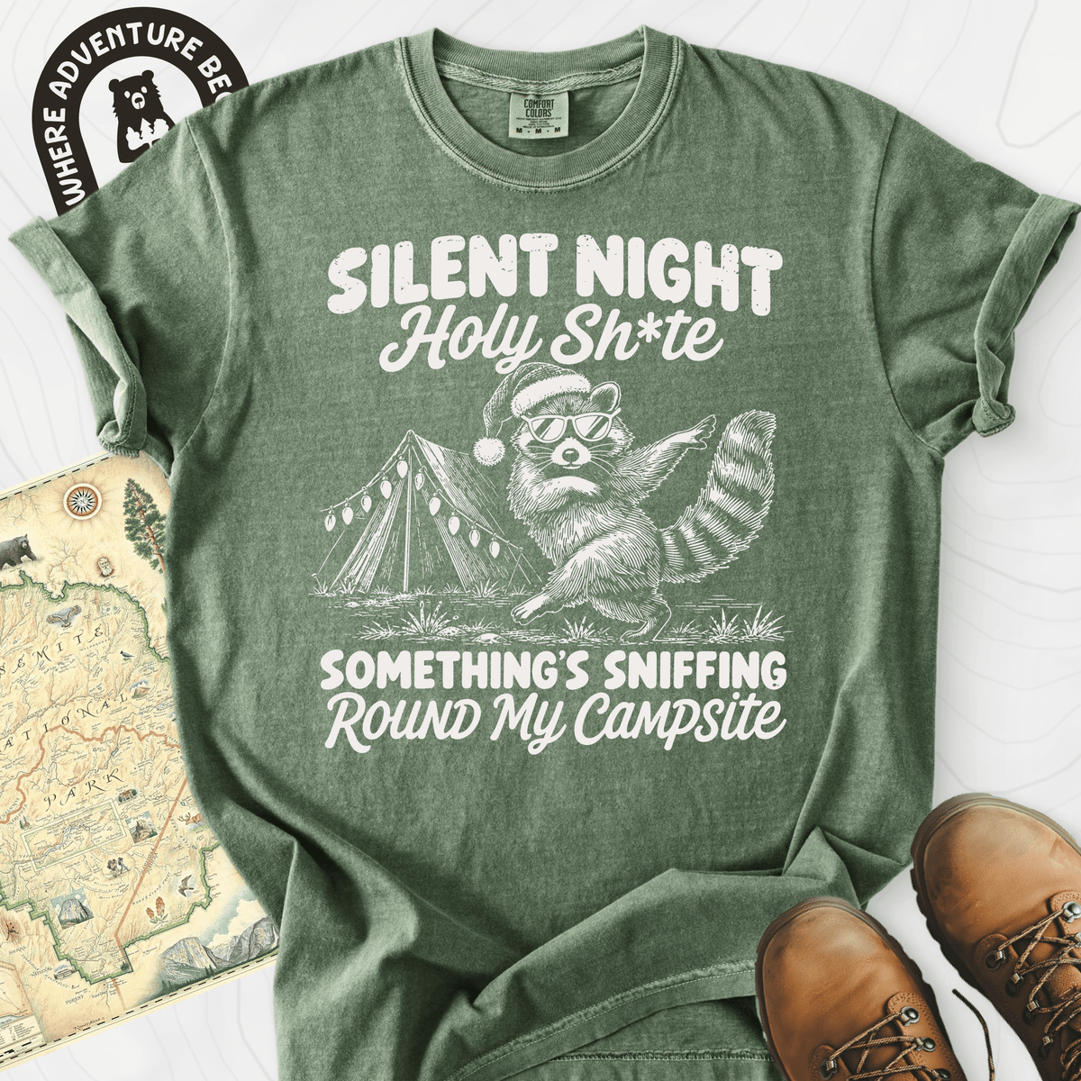 Silent Night Raccoon Moss front print heavyweight T-shirt