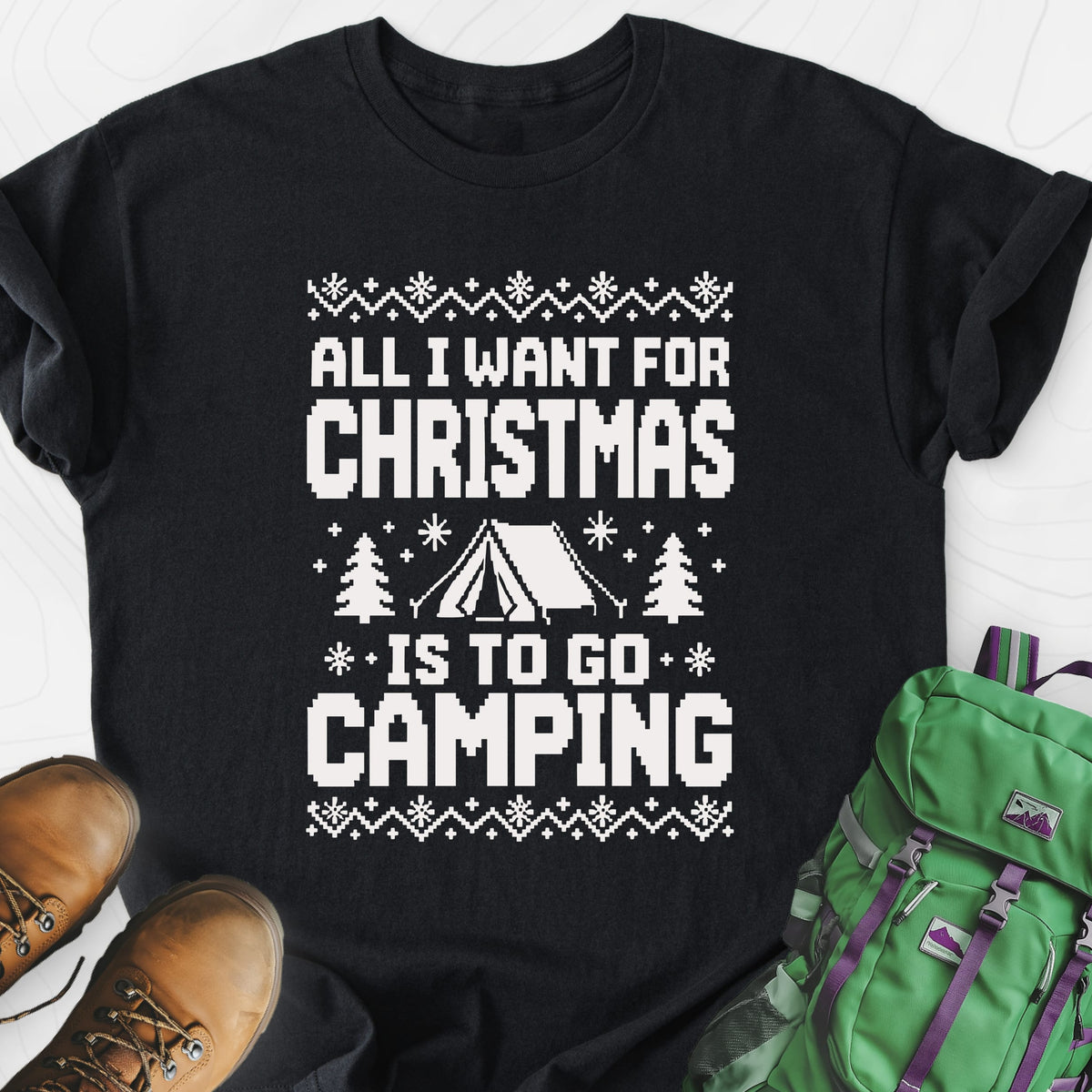 Christmas Camping Wish Black front print lightweight T-shirt