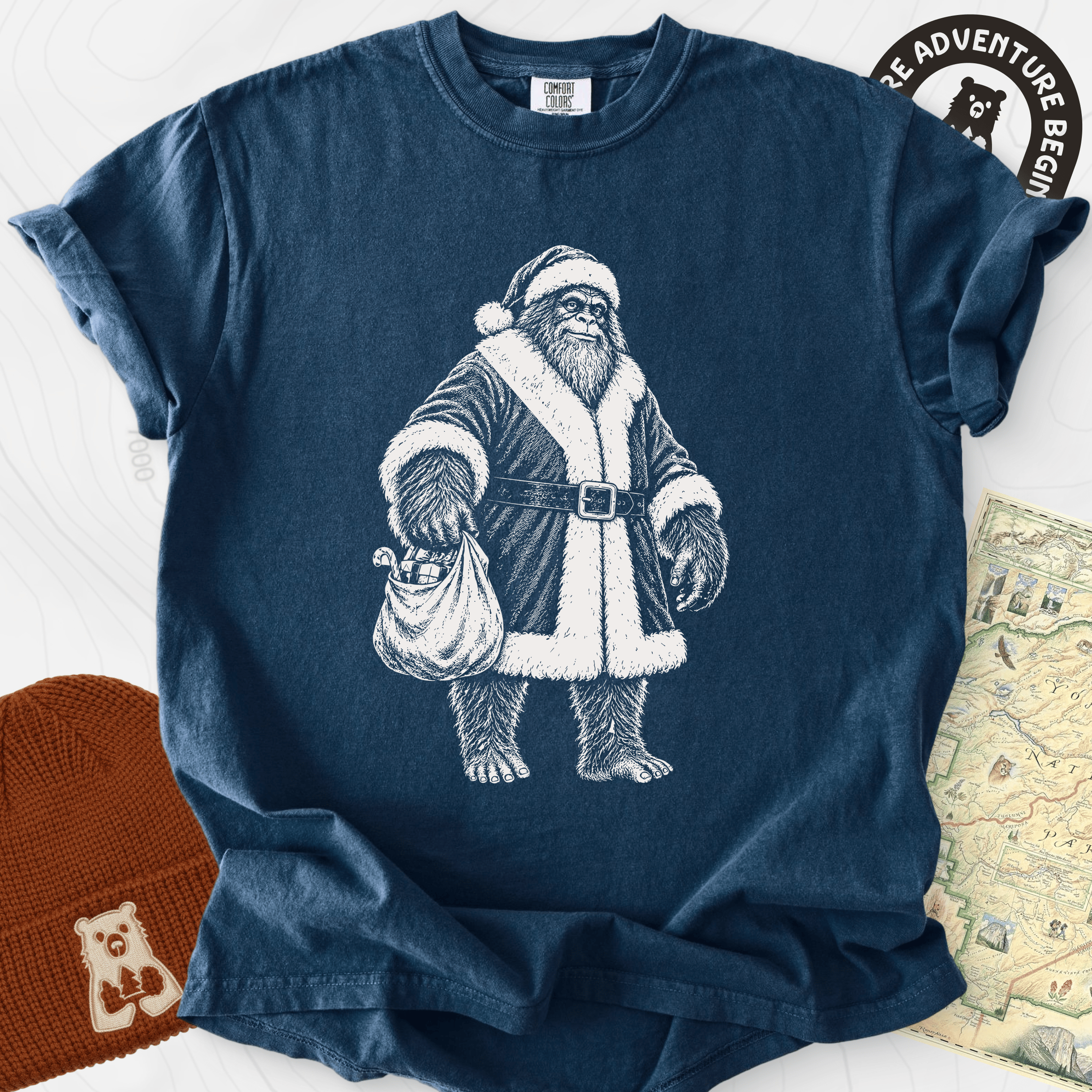 Bigfoot Santa Sack Navy front print heavyweight T-shirt