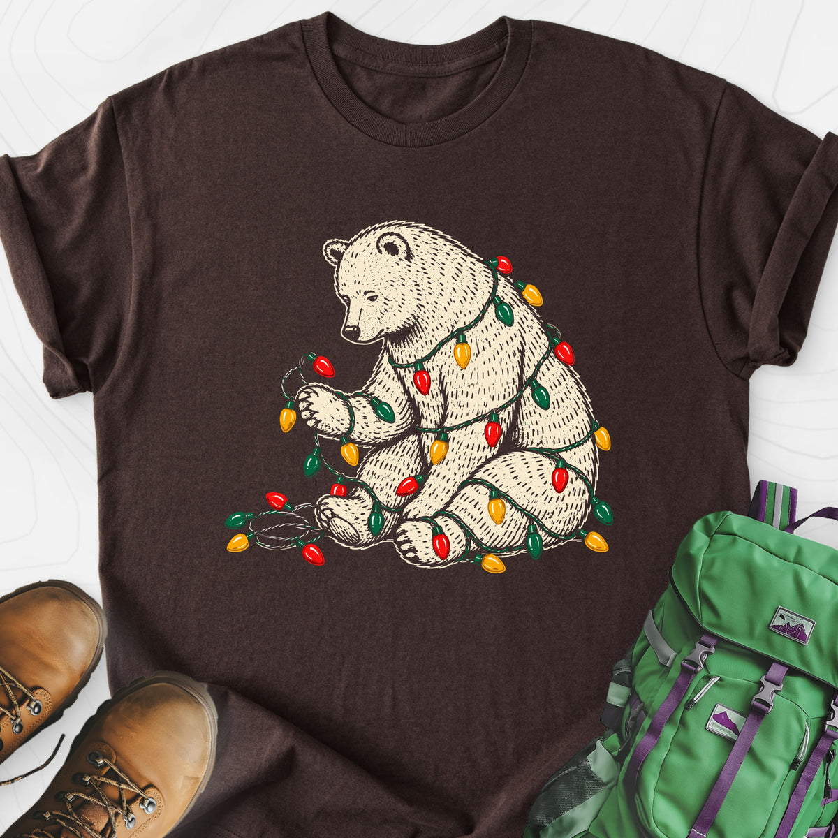 Tangled Christmas Bear Dark Chocolate front print lightweight T-shirt