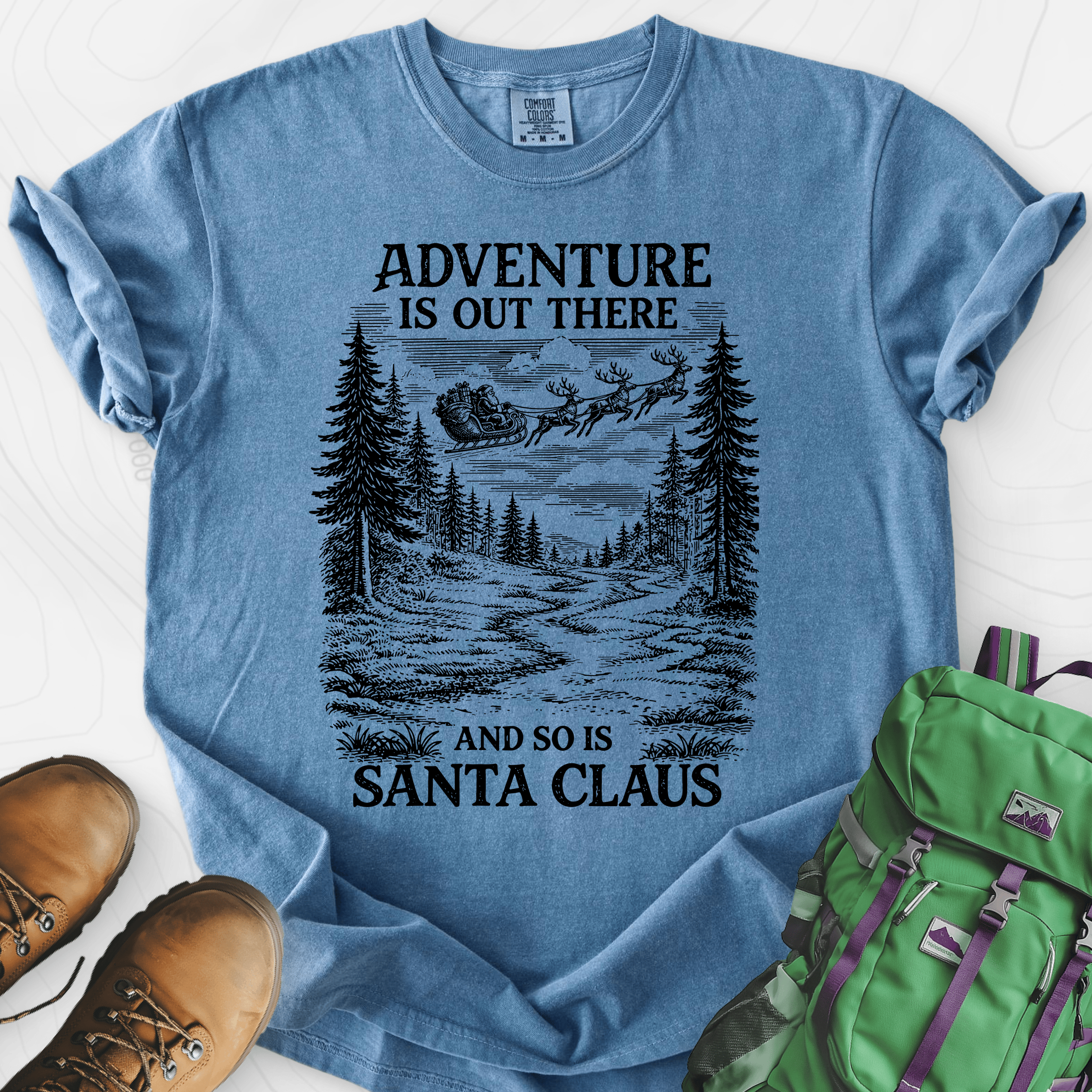 Santa Adventure Awaits Blue Jean front print heavyweight T-shirt