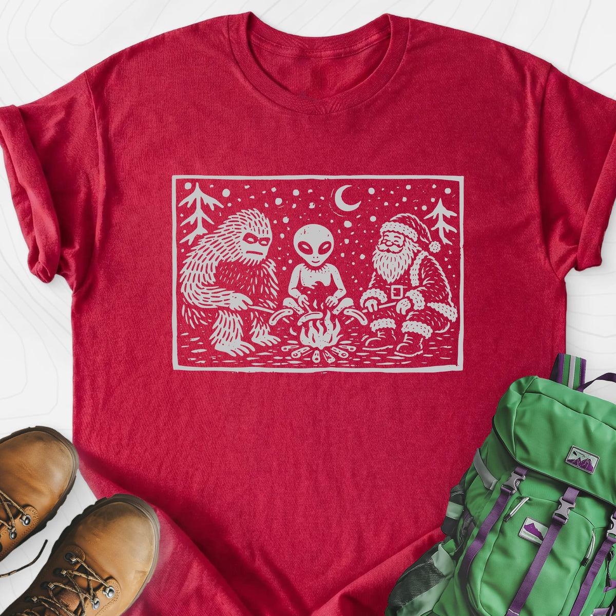 Cryptid Christmas Campfire Heather Red front print lightweight T-shirt