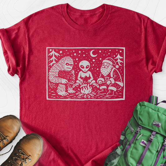 Cryptid Christmas Campfire Heather Red front print lightweight T-shirt