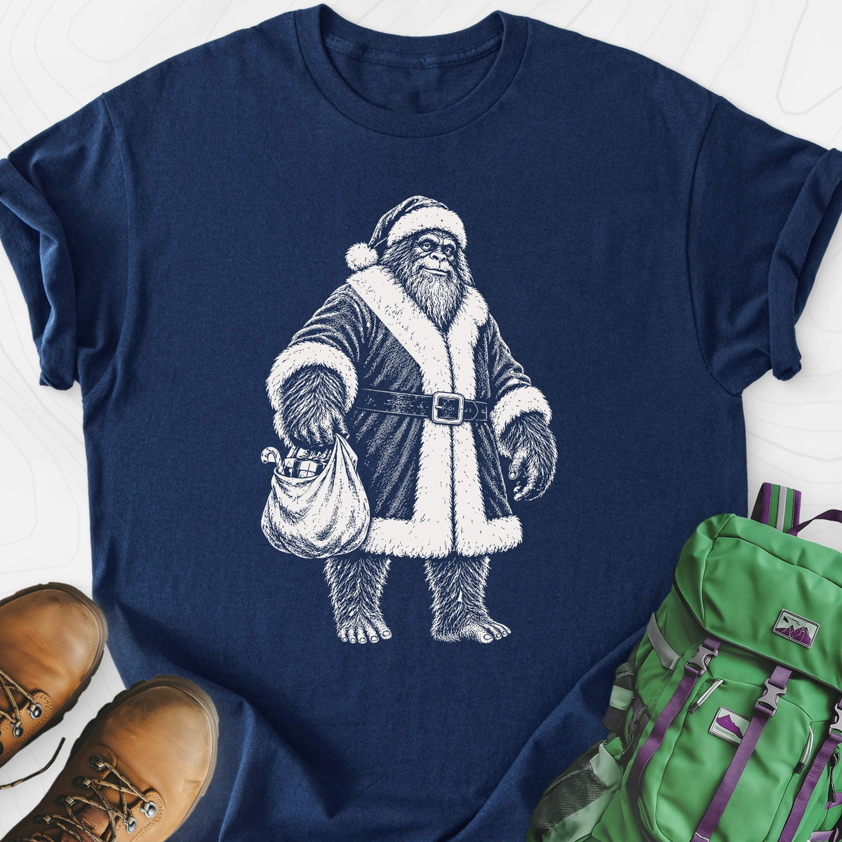 Bigfoot Santa Sack Navy front print lightweight T-shirt
