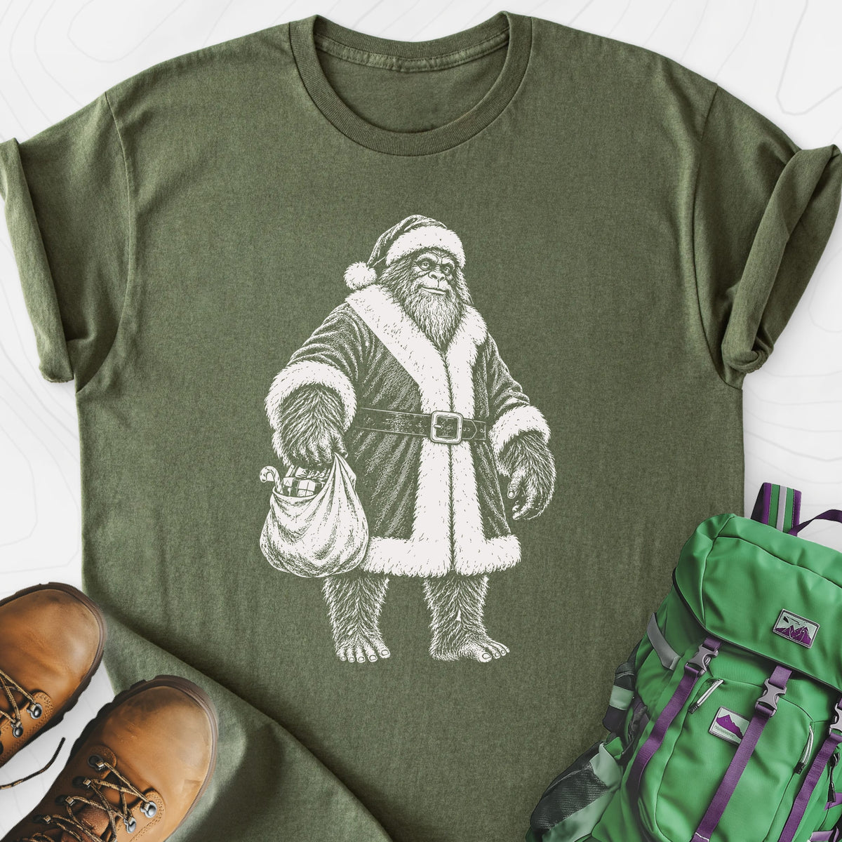 Bigfoot Santa Sack Military Green front print lightweight T-shirt