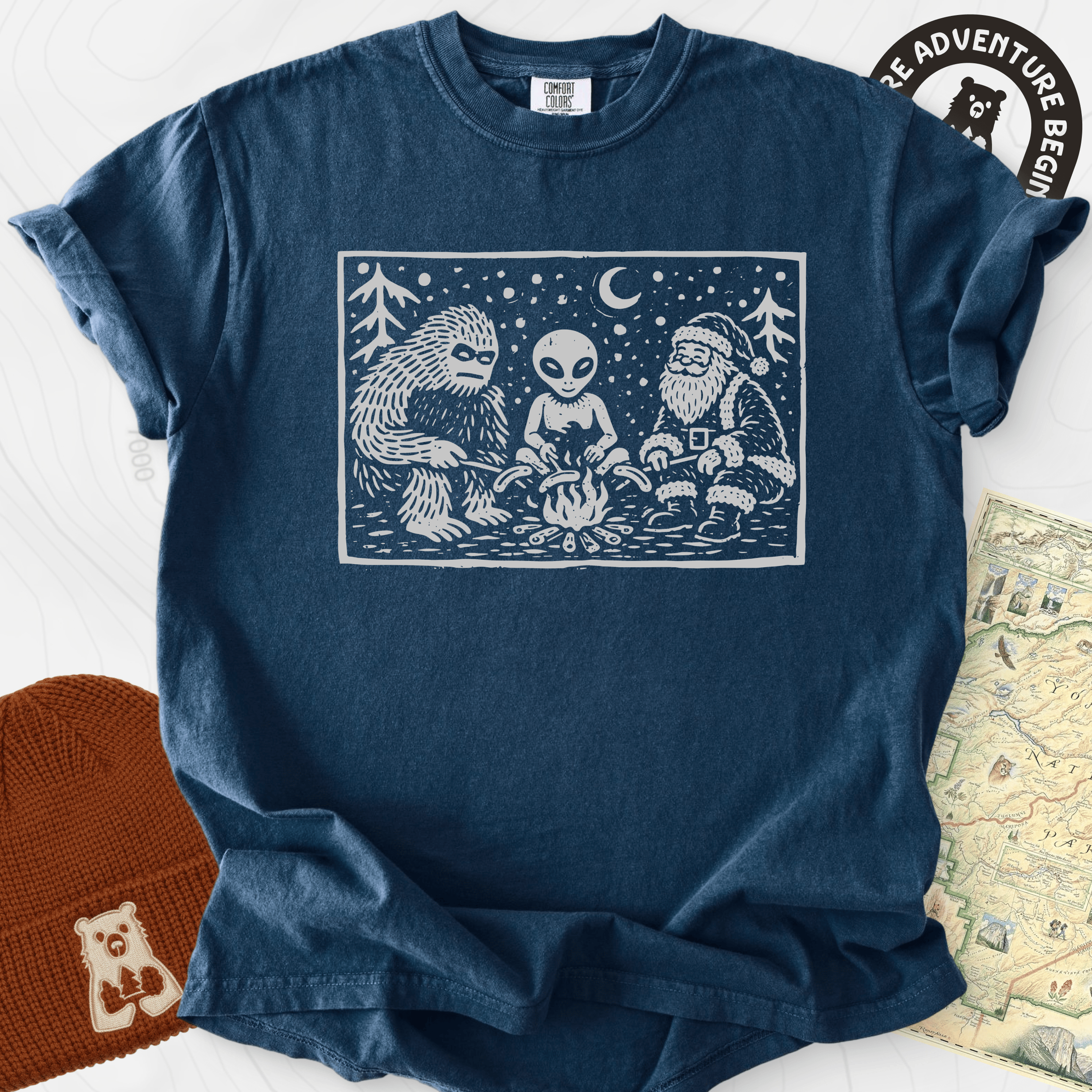 Cryptid Christmas Campfire Navy front print heavyweight T-shirt