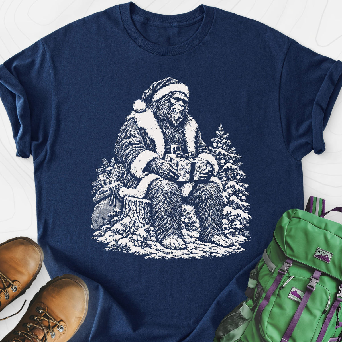 Bigfoot Santa Navy front print lightweight T-shirt