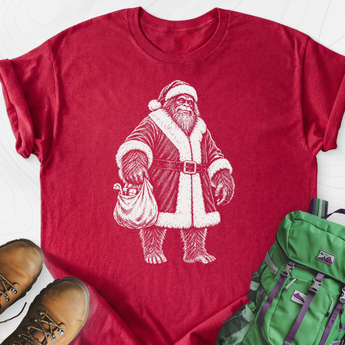 Bigfoot Santa Sack Heather Red front print lightweight T-shirt