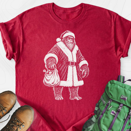 Bigfoot Santa Sack Heather Red front print lightweight T-shirt