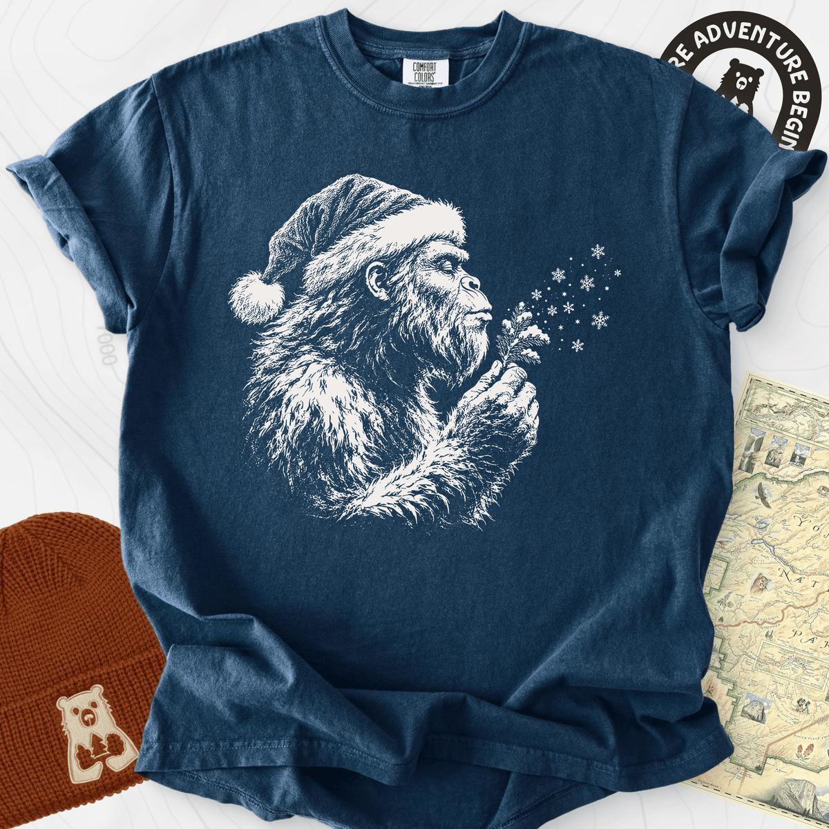 Bigfoot Snow Wishes Navy front print heavyweight T-shirt