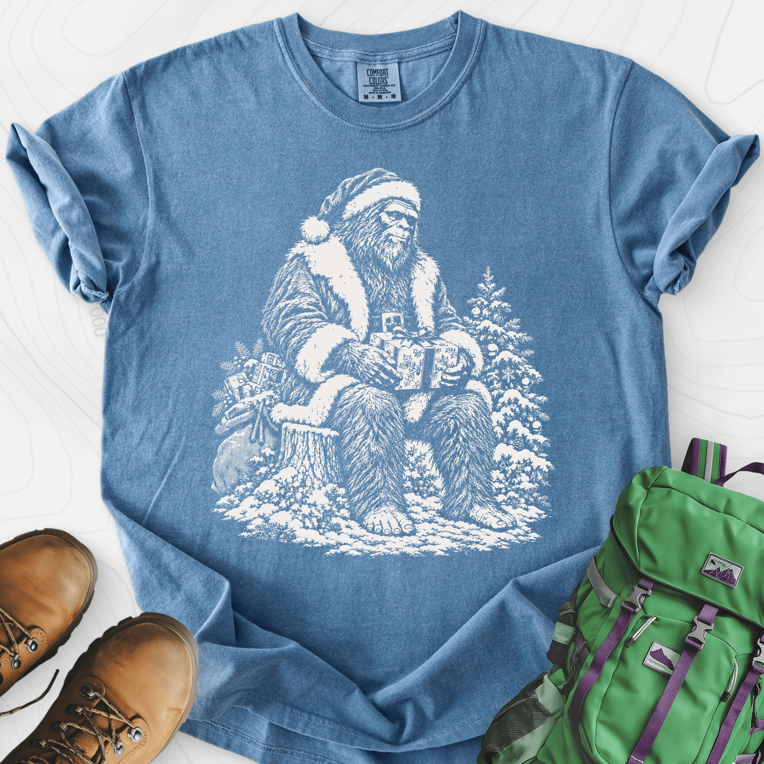 Bigfoot Santa Blue Jean front print heavyweight T-shirt