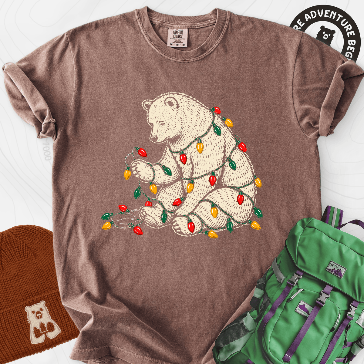 Tangled Christmas Bear Espresso front print heavyweight T-shirt
