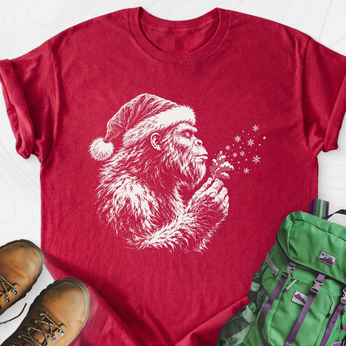 Bigfoot Snow Wishes Heather Red front print lightweight T-shirt