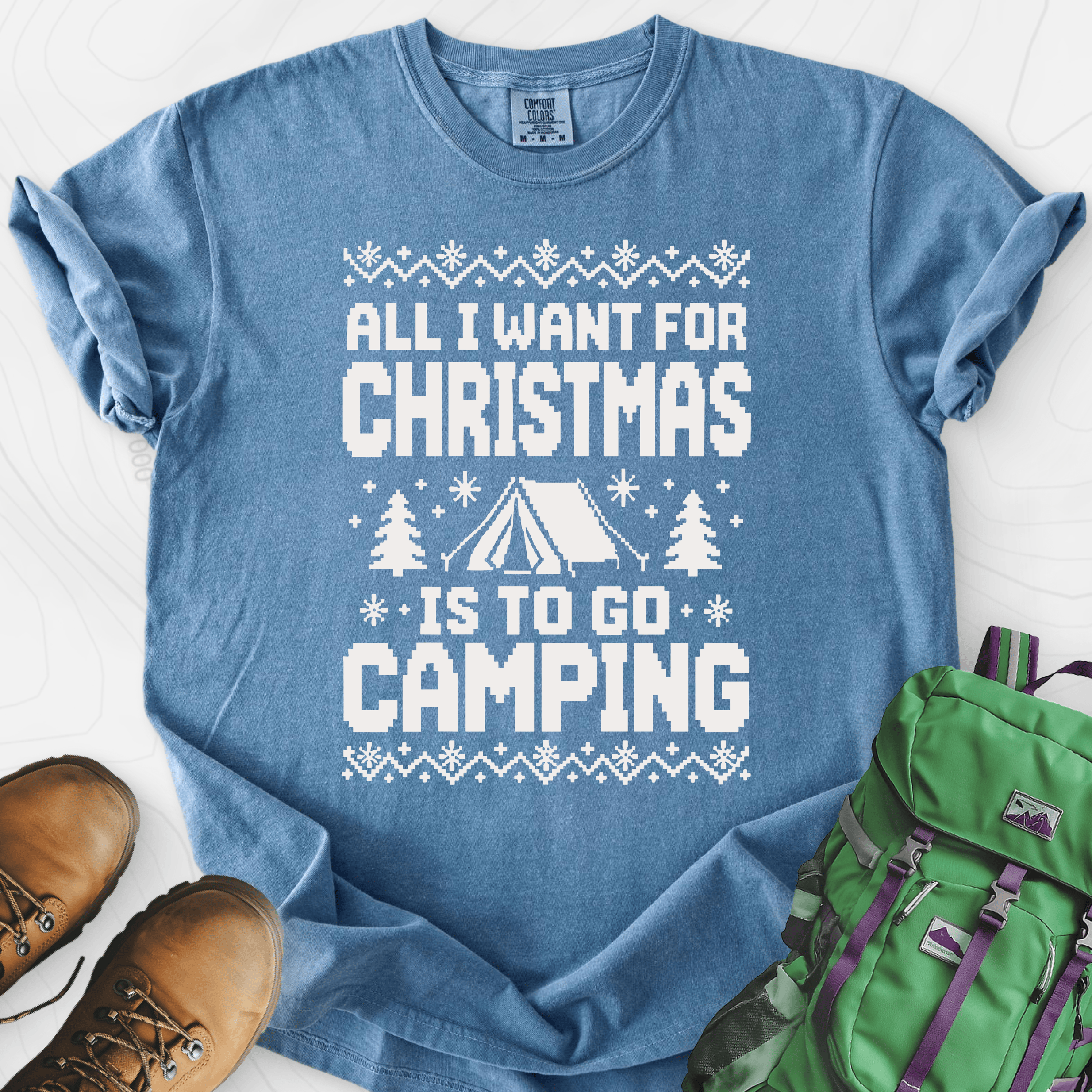 Christmas Camping Wish Blue Jean front print heavyweight T-shirt