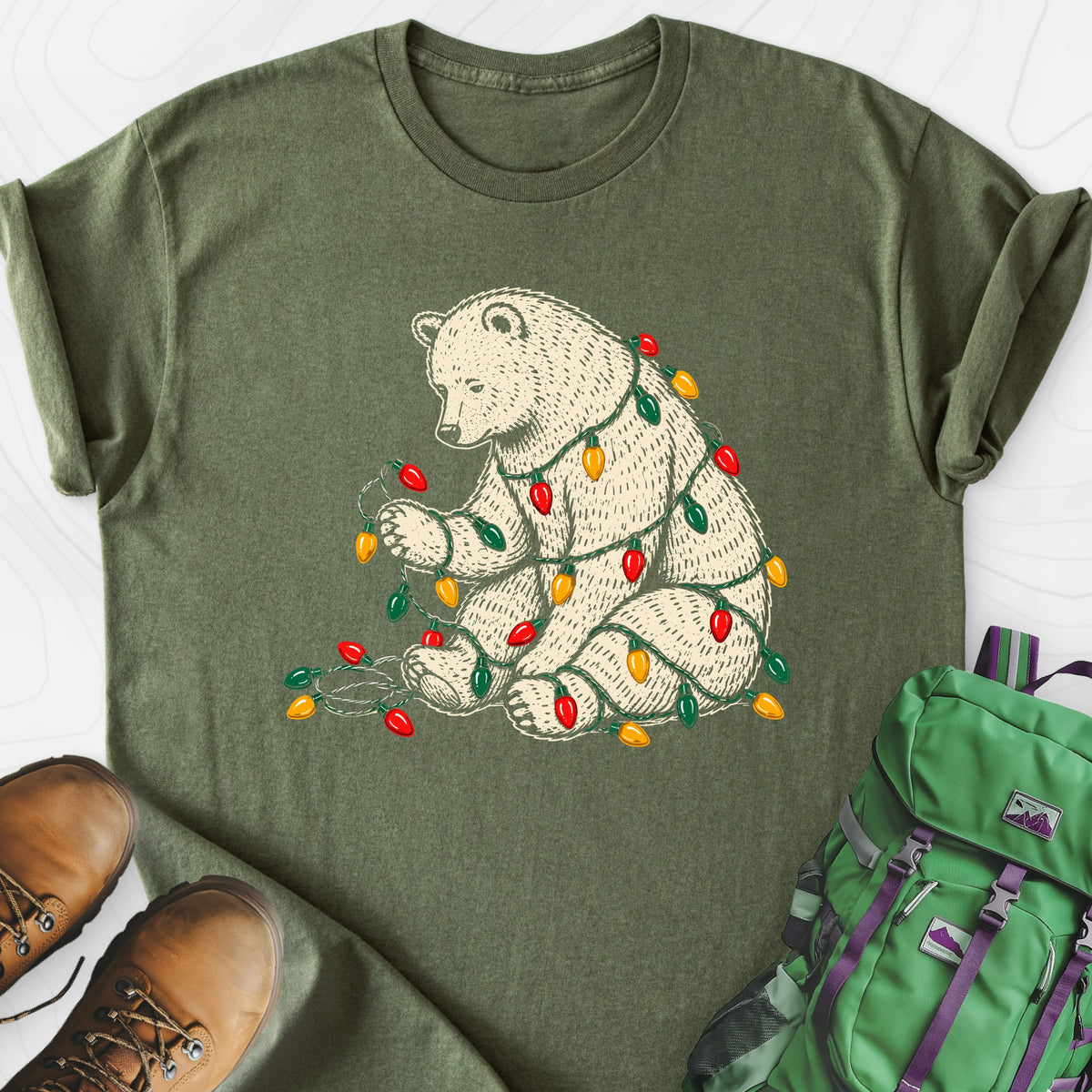 Tangled Christmas Bear Military Green front print lightweight T-shirt