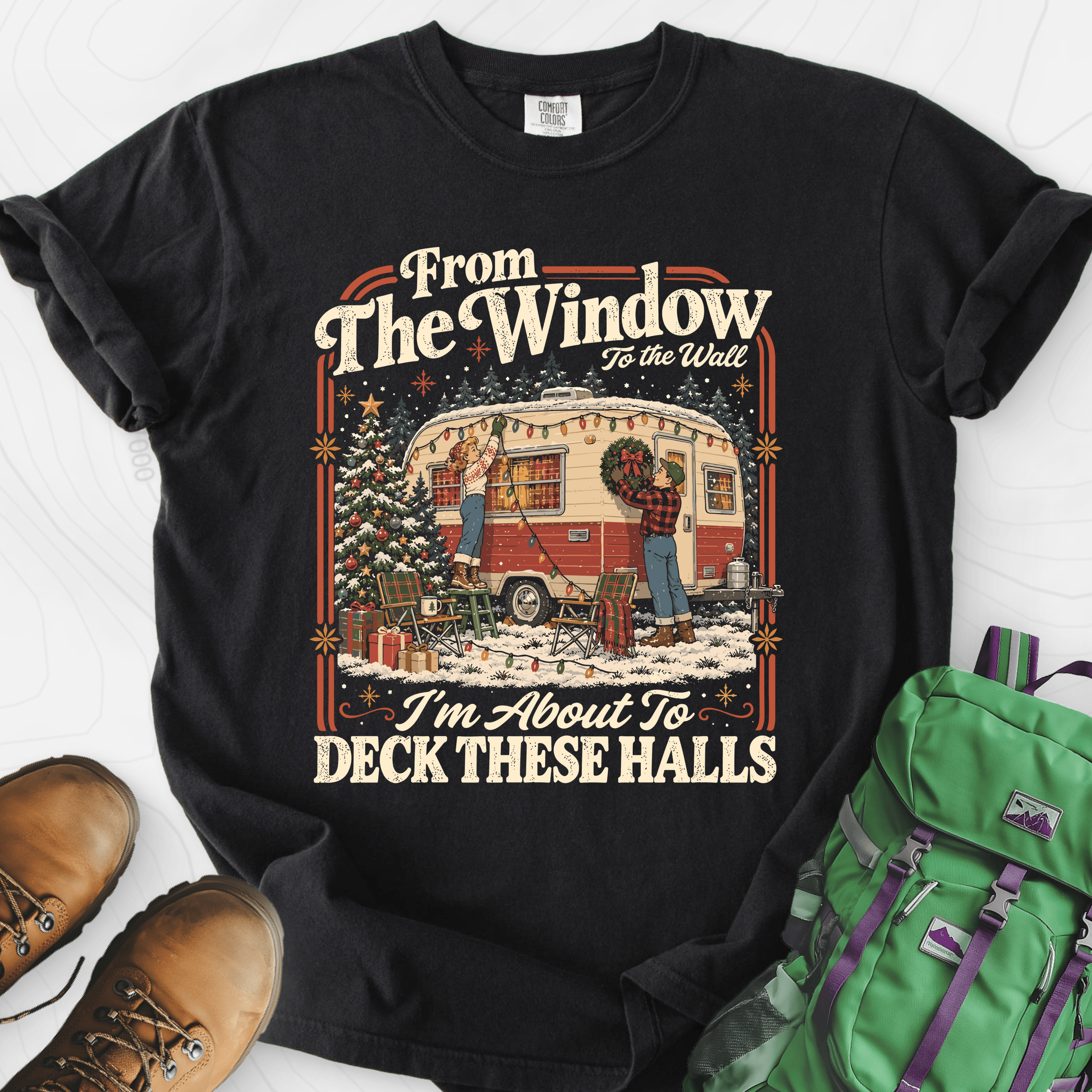Deck These Halls Camper Black front print heavyweight T-shirt