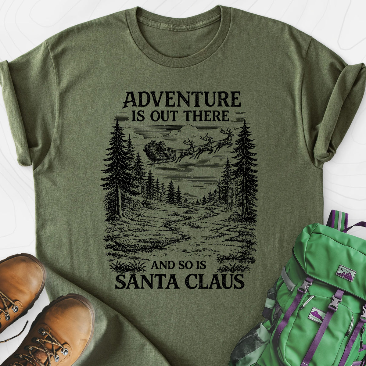Santa Adventure Awaits Military Green front print lightweight T-shirt