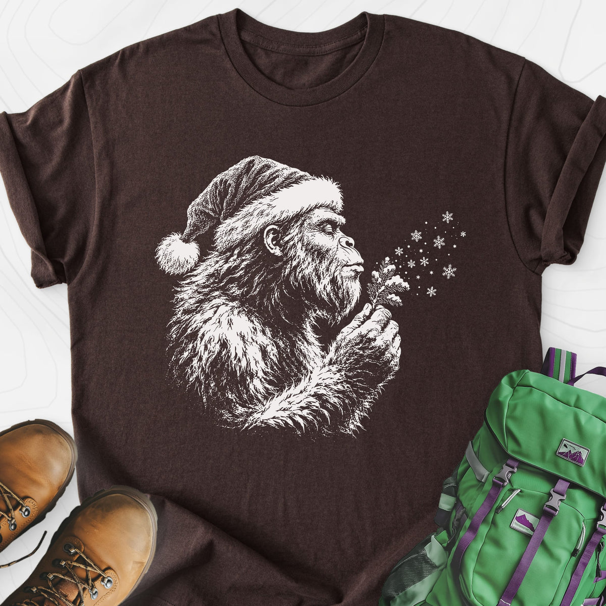 Bigfoot Snow Wishes Dark Chocolate front print lightweight T-shirt