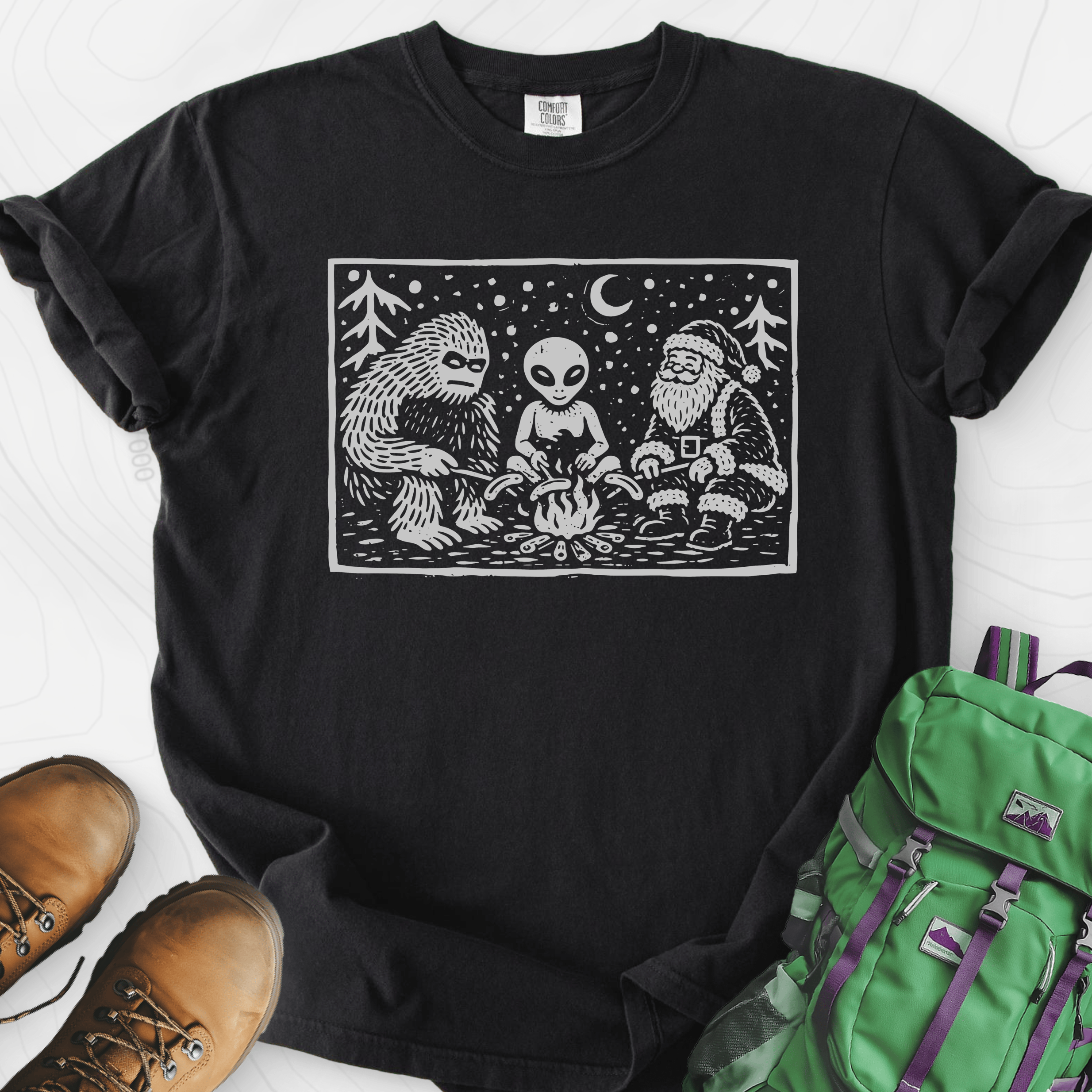 Cryptid Christmas Campfire Black front print heavyweight T-shirt