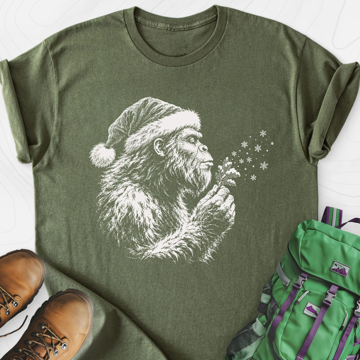 Bigfoot Snow Wishes Military Green front print lightweight T-shirt