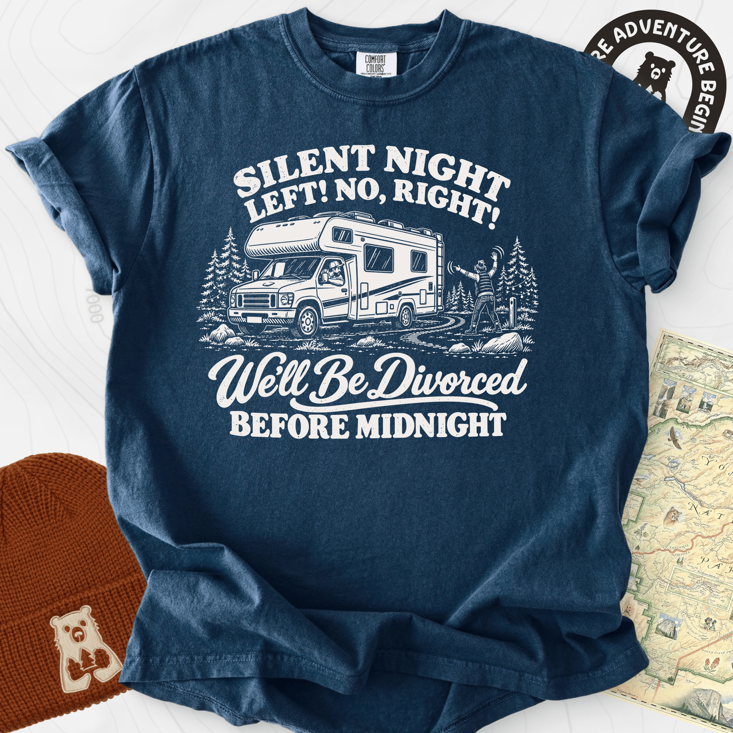 Silent Night RV Divorce Navy front print heavyweight T-shirt