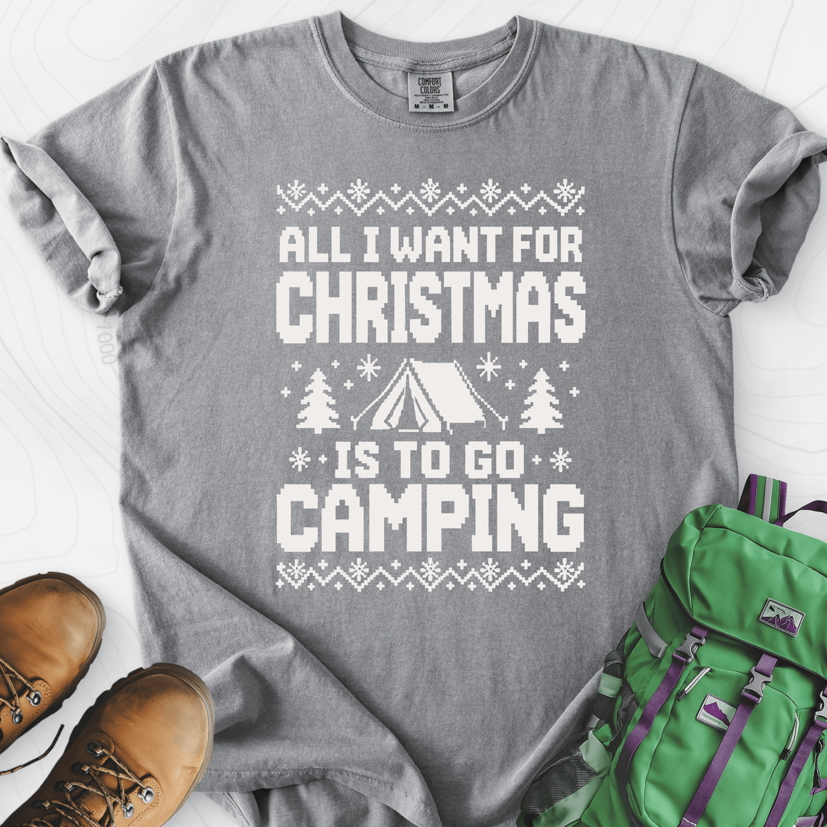 Christmas Camping Wish Grey front print heavyweight T-shirt