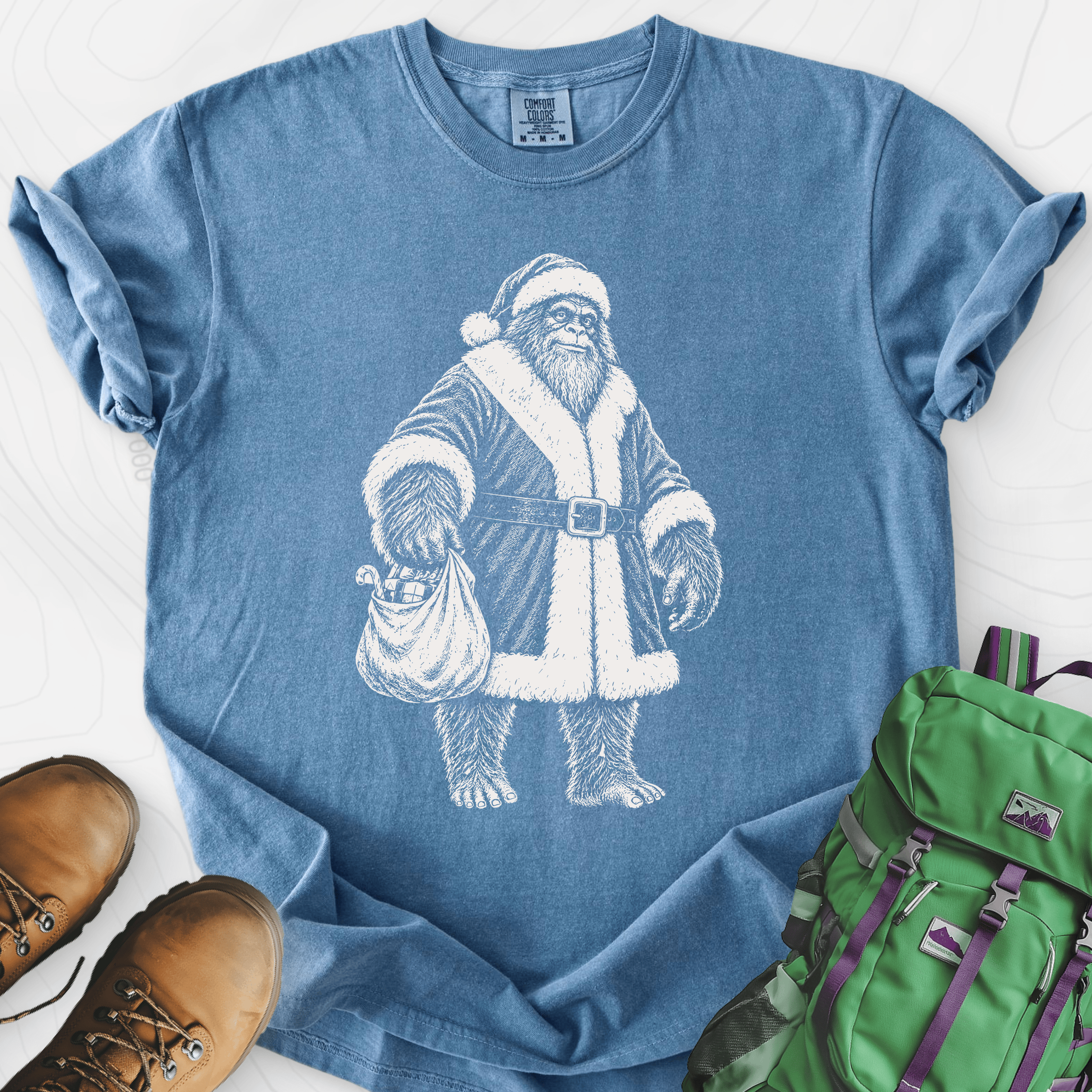 Bigfoot Santa Sack Blue Jean front print heavyweight T-shirt