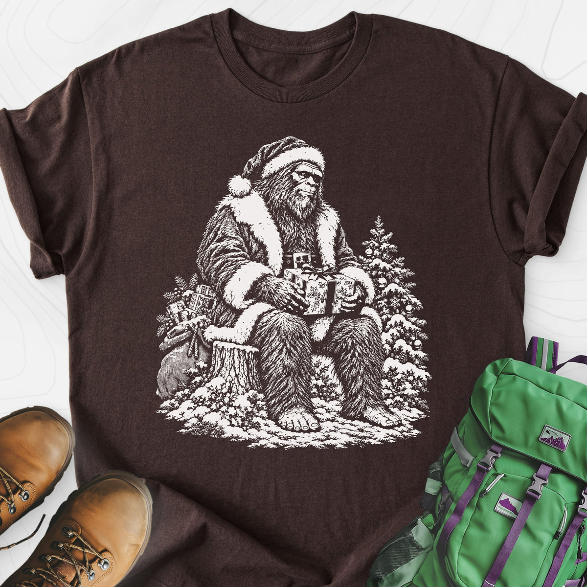 Bigfoot Santa Dark Chocolate front print lightweight T-shirt