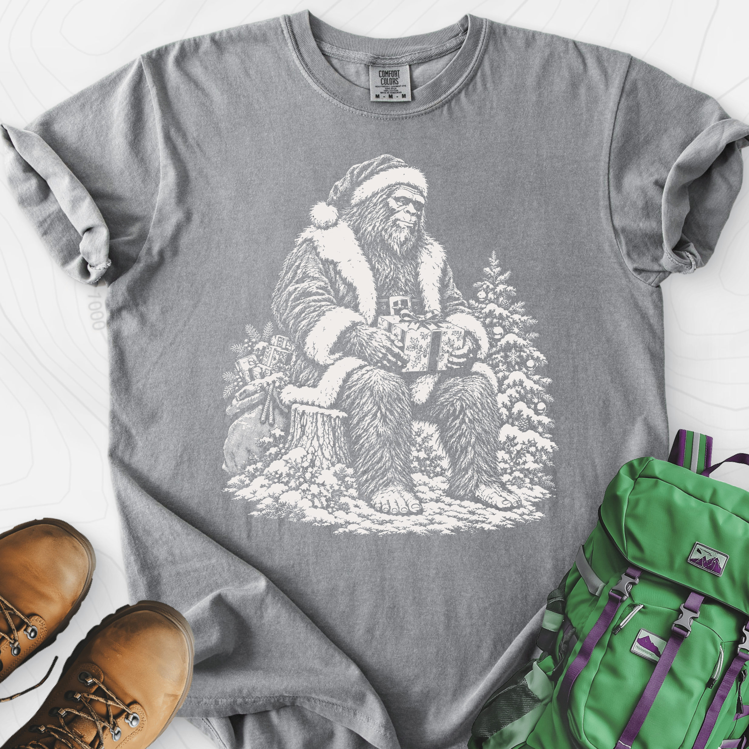 Bigfoot Santa Grey front print heavyweight T-shirt