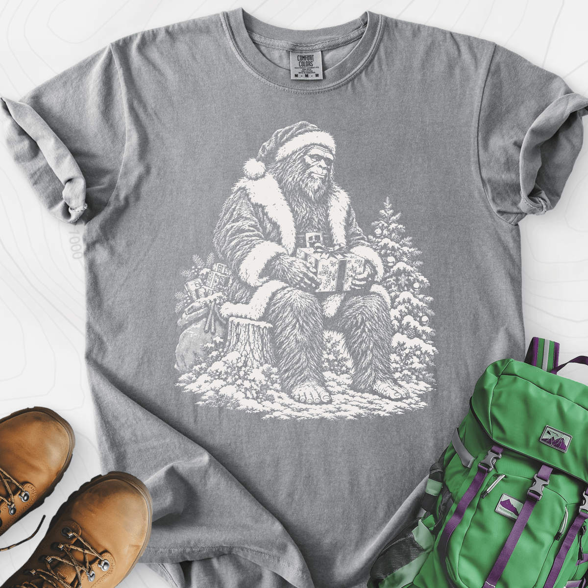 Bigfoot Santa Grey front print heavyweight T-shirt