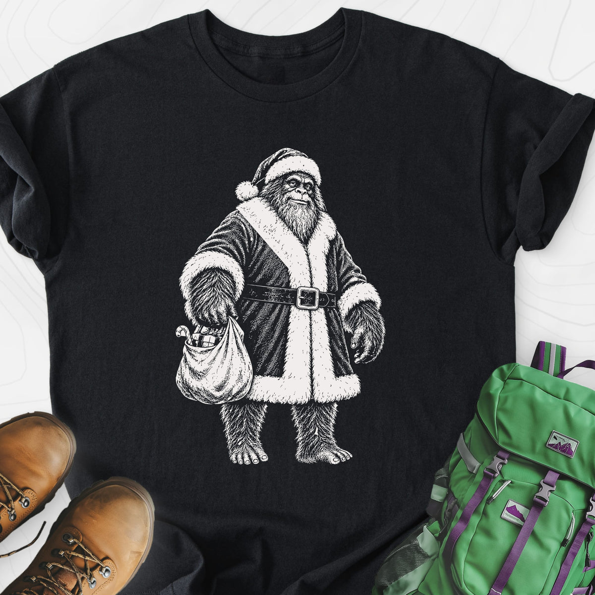 Bigfoot Santa Sack Black front print lightweight T-shirt