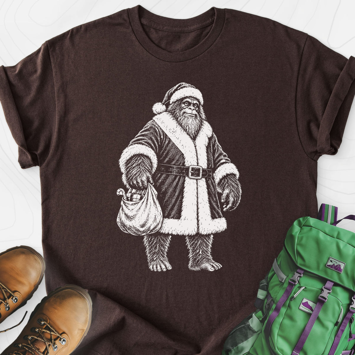 Bigfoot Santa Sack Dark Chocolate front print lightweight T-shirt