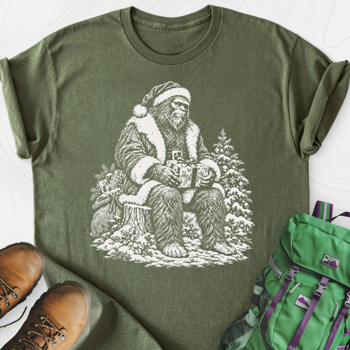 Bigfoot Santa Military Green front print lightweight T-shirt