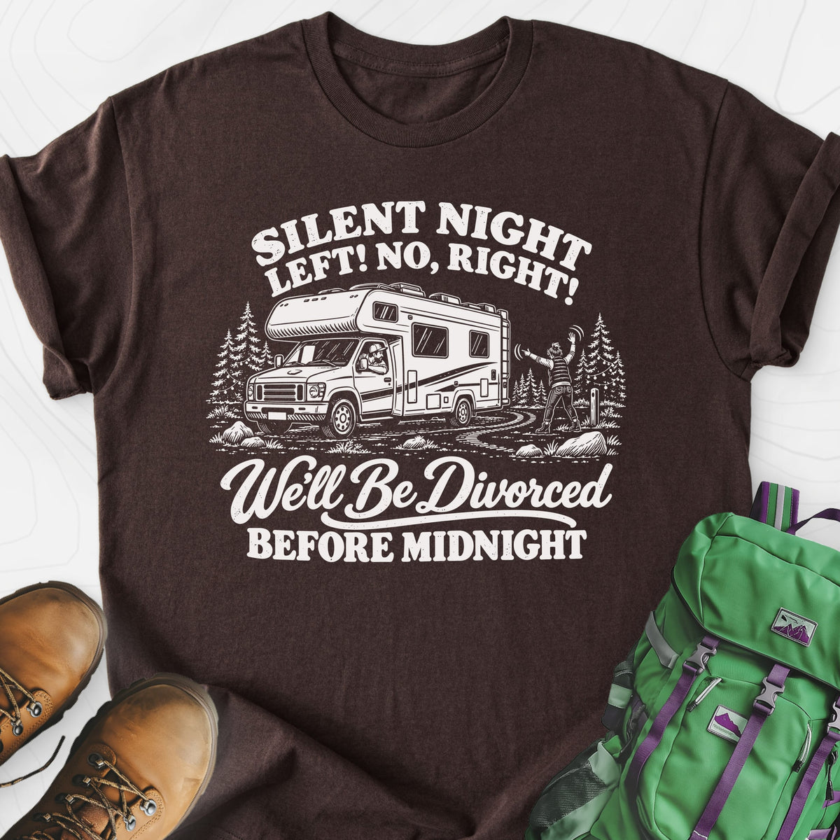 Silent Night RV Divorce Dark Chocolate front print lightweight T-shirt