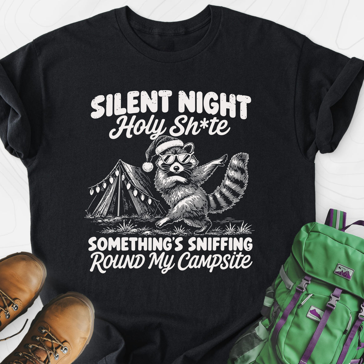 Silent Night Raccoon Black front print lightweight T-shirt