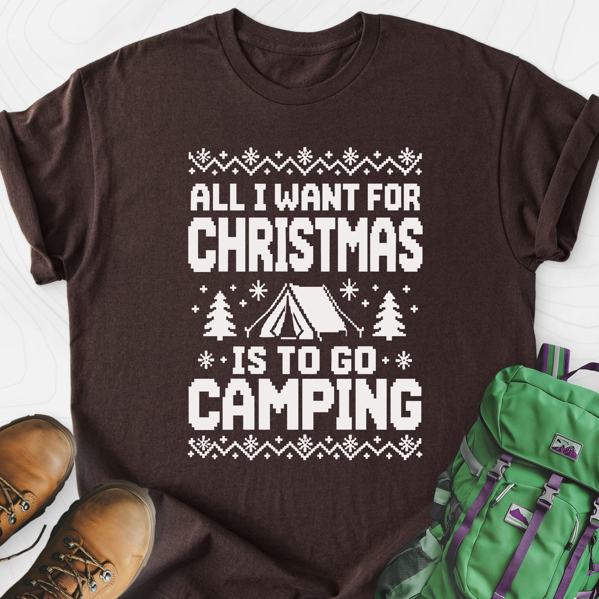 Christmas Camping Wish Dark Chocolate front print lightweight T-shirt