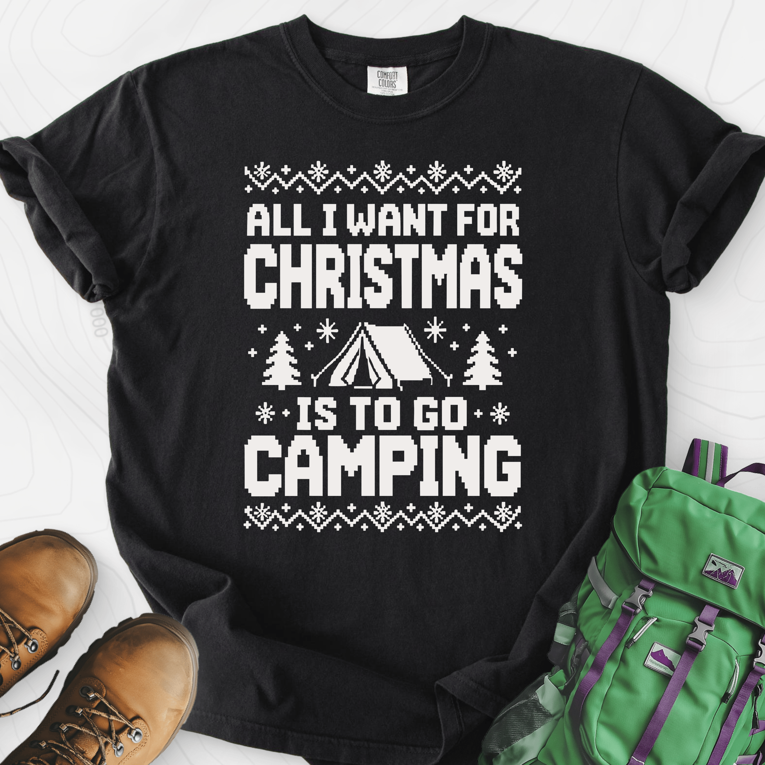Christmas Camping Wish Black front print heavyweight T-shirt