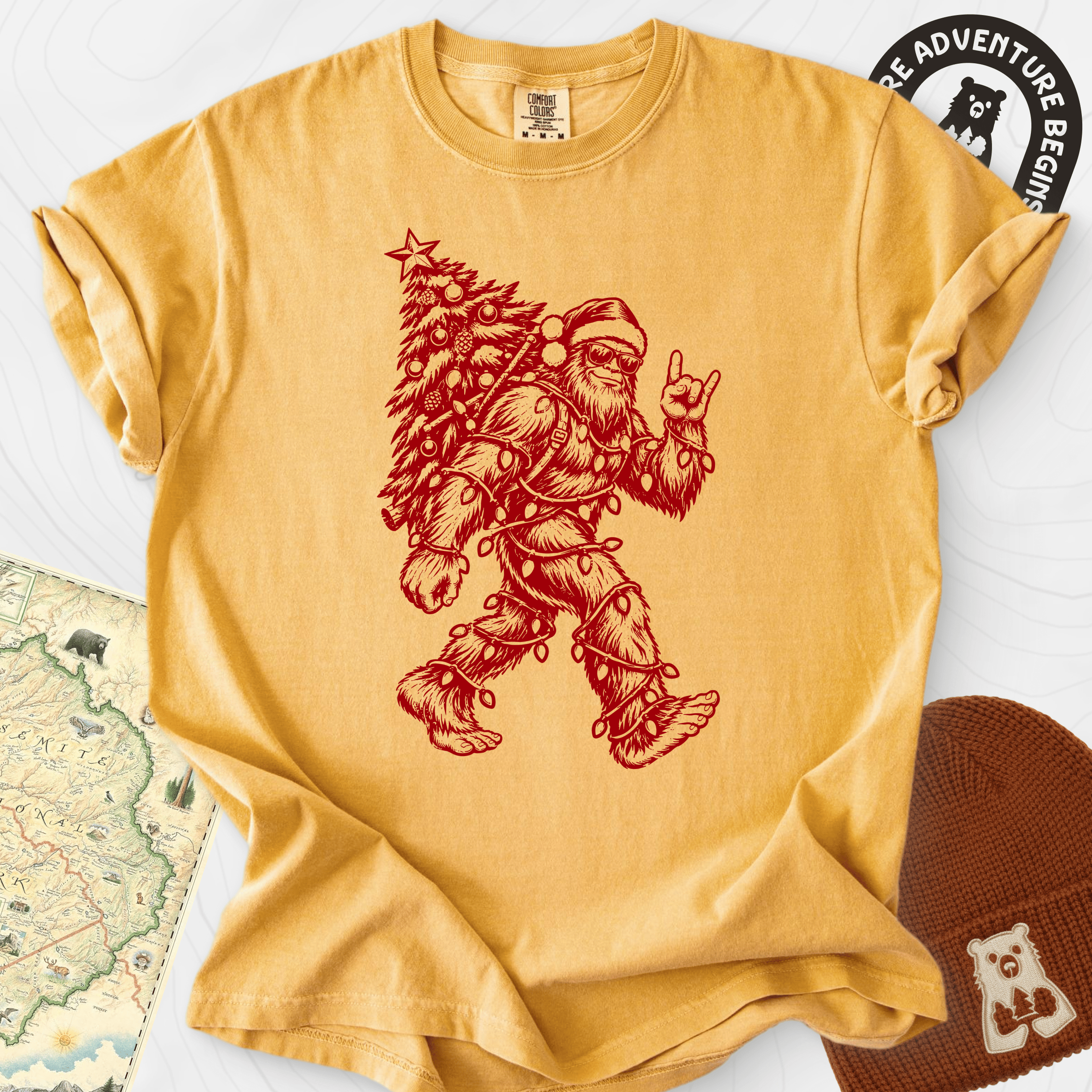 Rockin' Santa Squatch Mustard front print heavyweight T-shirt